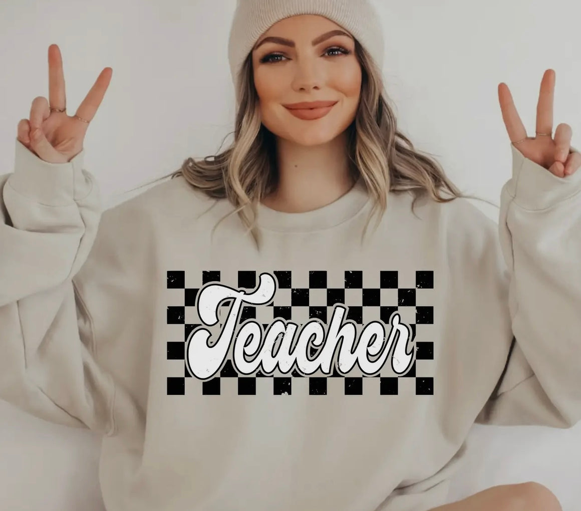 Teacher Checkered Tan Graphic Sweatshirt