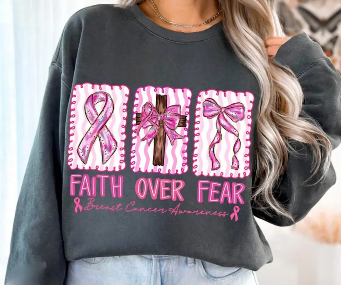Faith Over Fear Breast Cancer Awareness Grey Crewneck