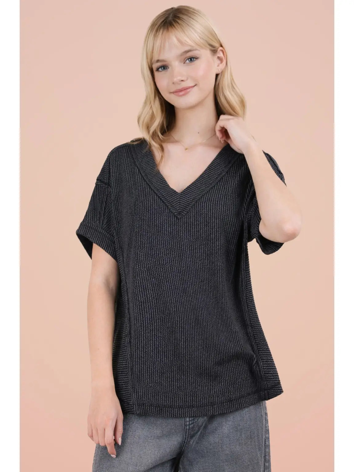 Dani Black Ribbed V Neck Top