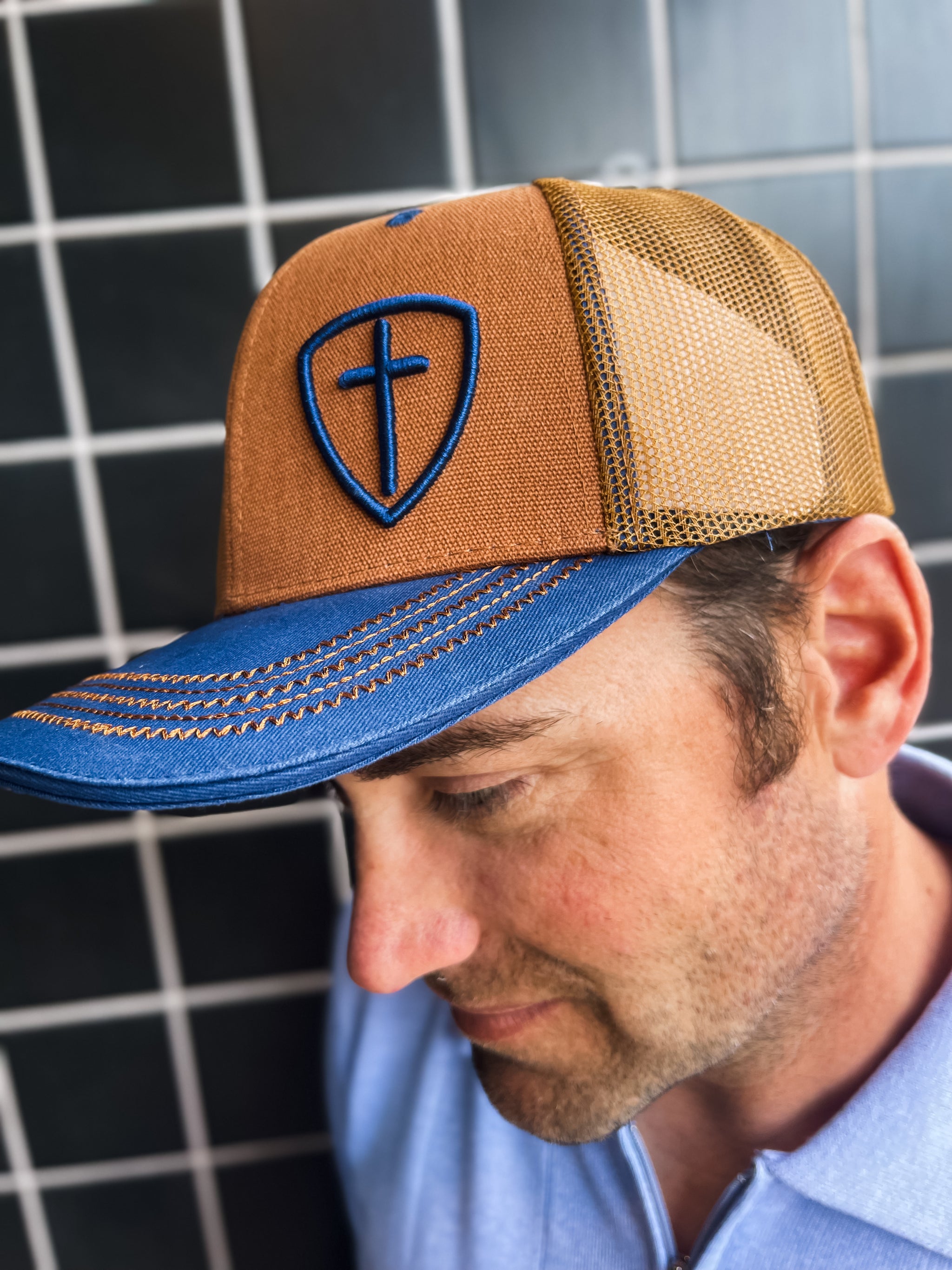 Brown & Blue Cross Hat