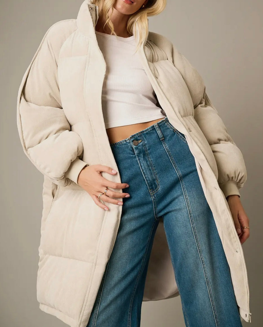 Worth It Warm Corduroy Long Line Sand Puffer Jacket