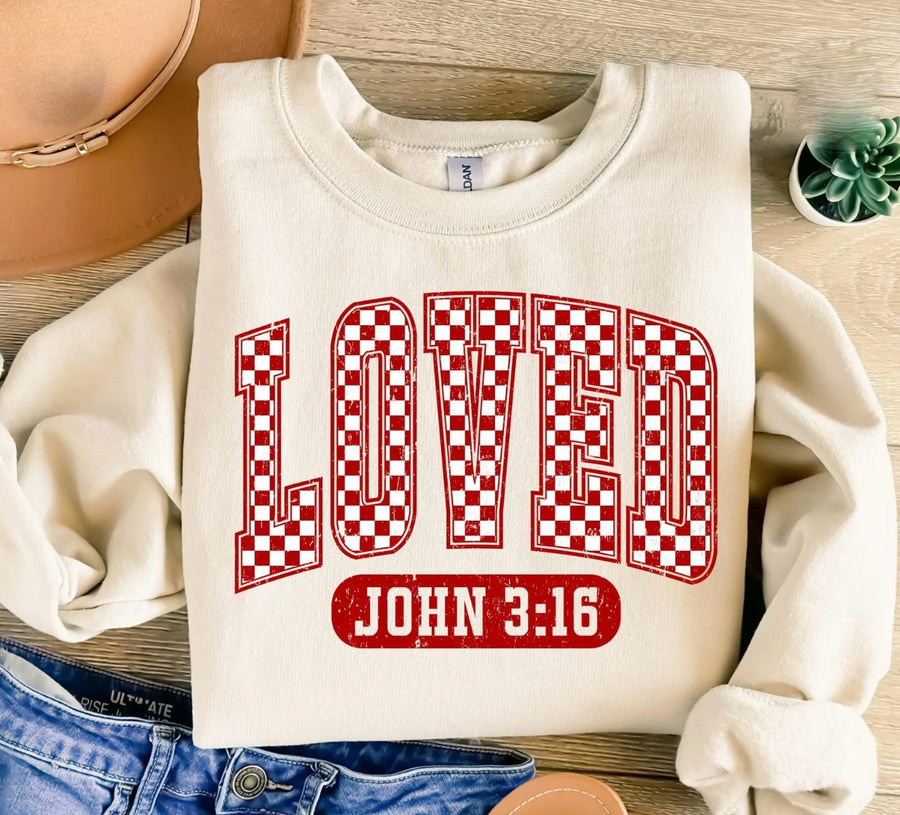 Loved Checkered John 3:16 Crewneck