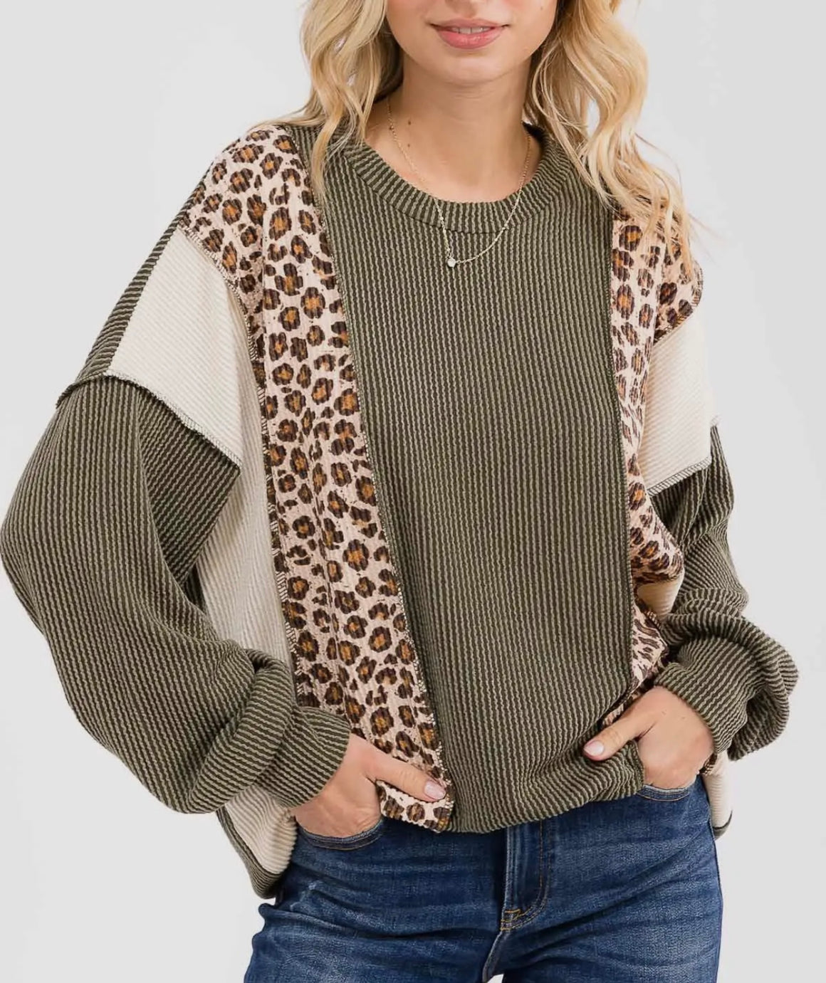 Jen Olive Leopard Color Block Top