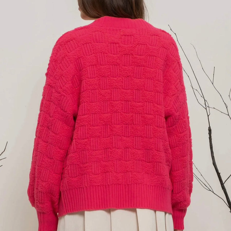 Checkered Hot Pink Textured Cardigan