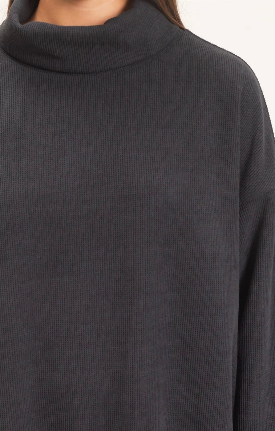 Zara Mock Neck Waffle Knit Black Sweatshirt