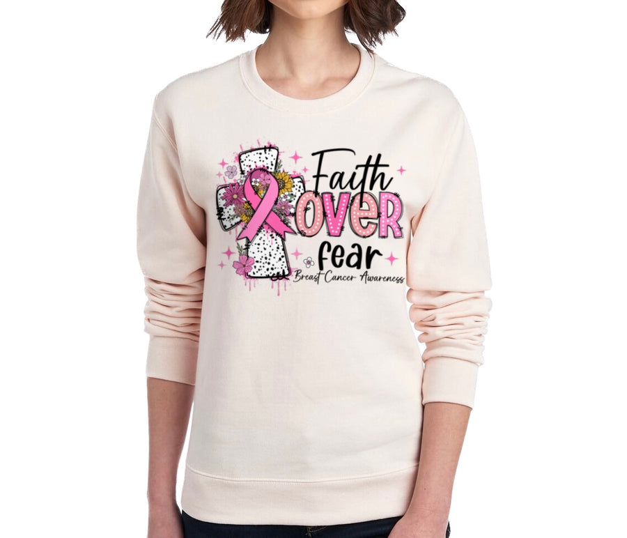Faith Over Fear Cream Breast Cancer Awareness Crewneck