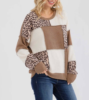 Erin Brown Leopard Color Block Top