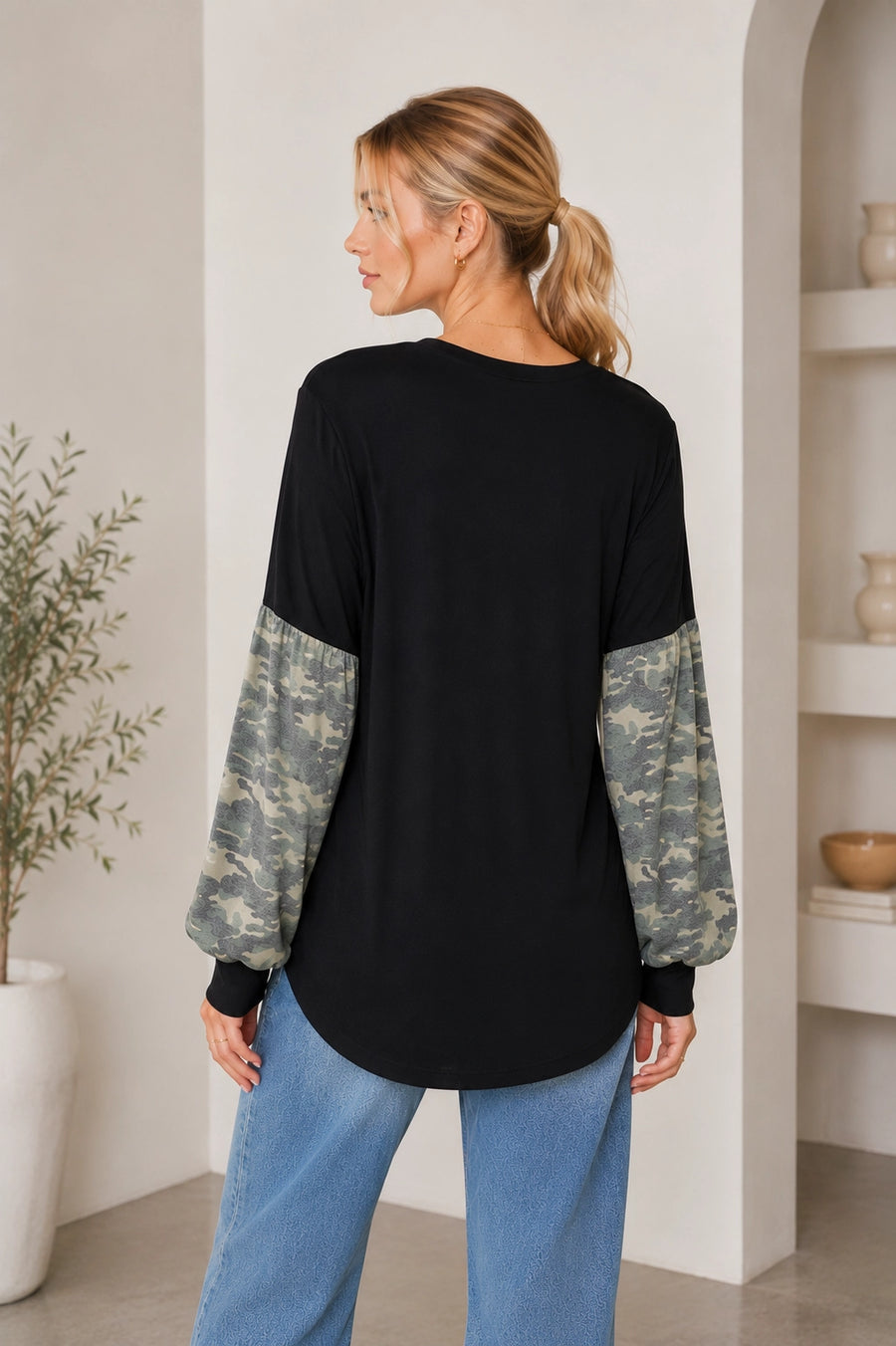 Ready Babe Camo Sleeve Top