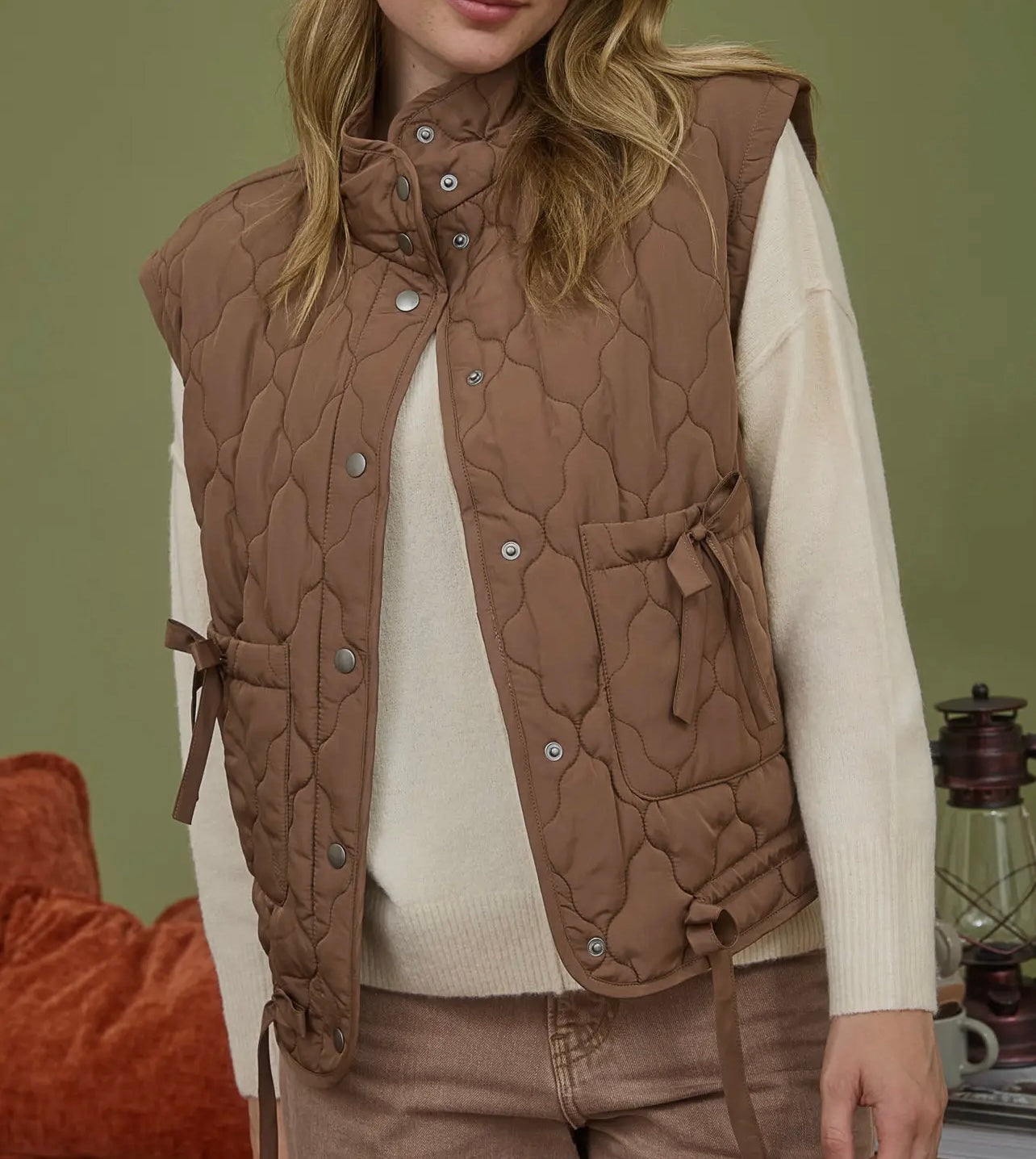 PBF Tie Detail Brown Puffer Vest