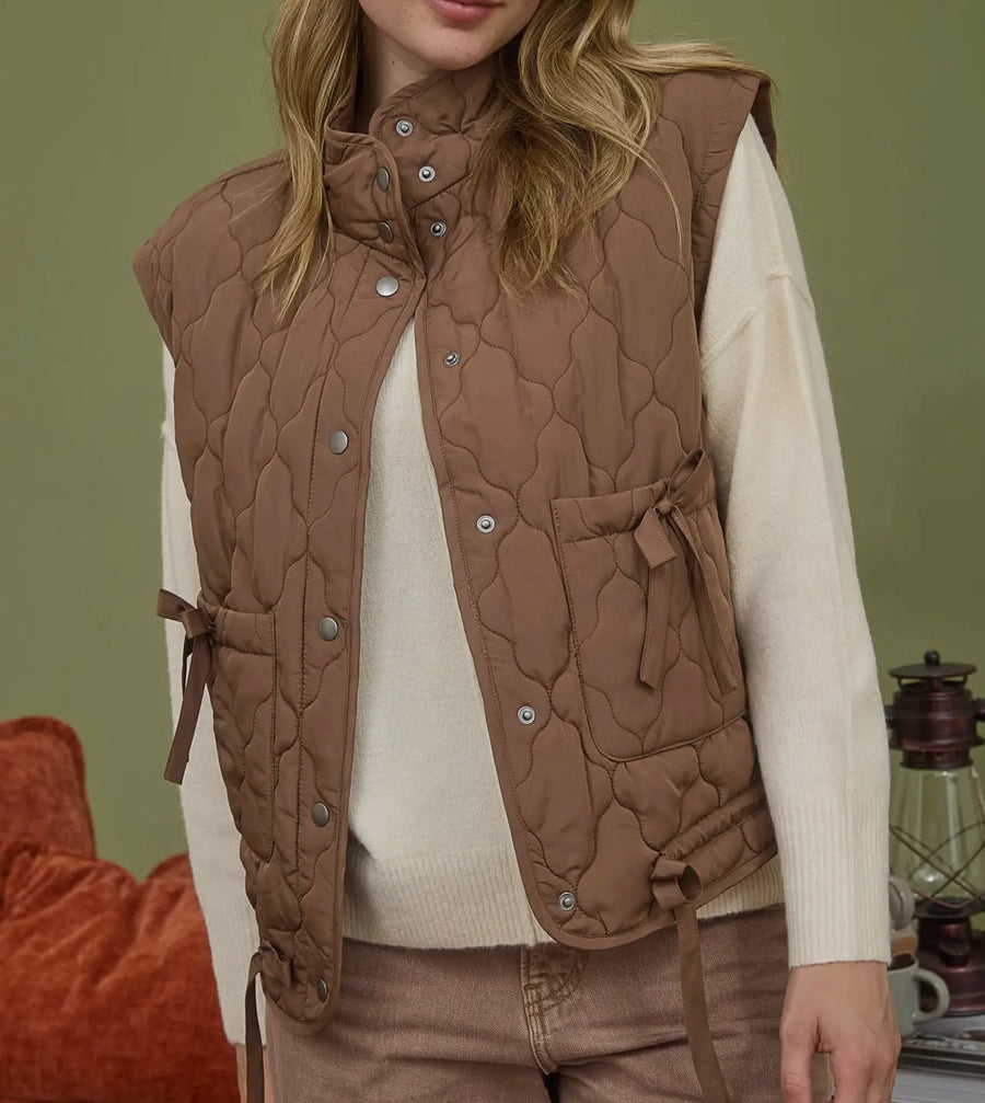 PBF Tie Detail Brown Puffer Vest