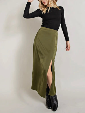 Amanda Satin Olive Flared Skirt
