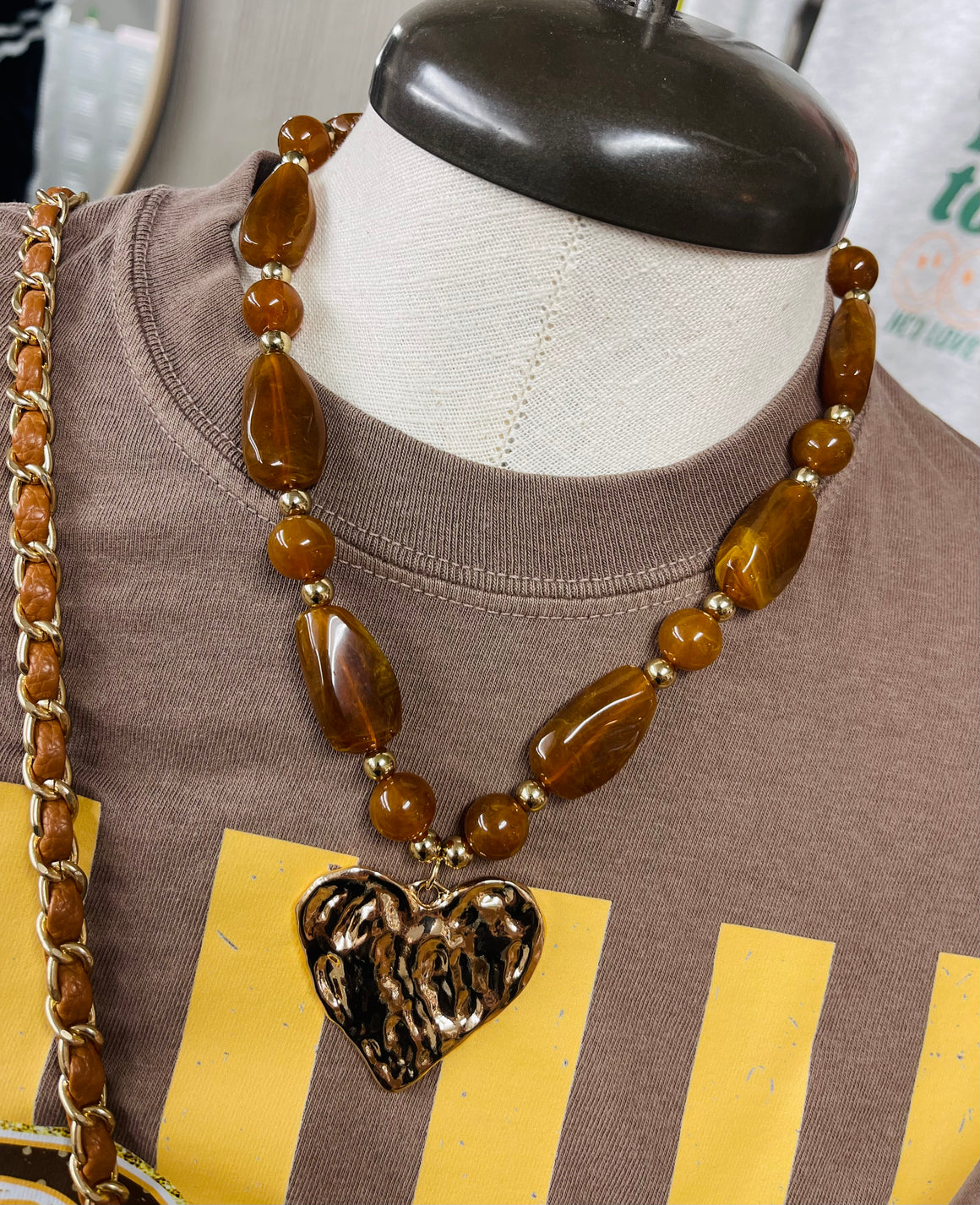 Hammered Heart Pendant Brown Beaded Necklace