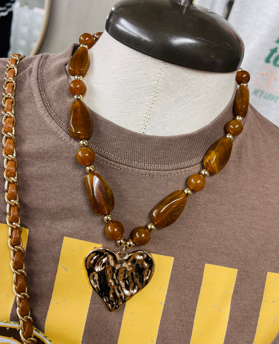 Hammered Heart Pendant Brown Beaded Necklace