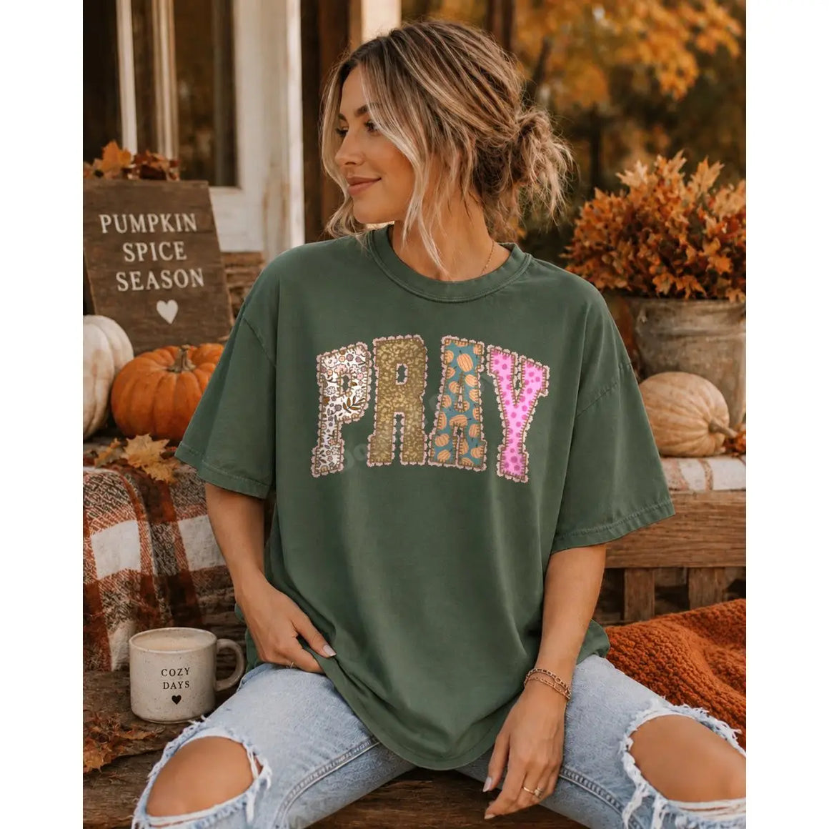 Pray Patch Vibes Green Tee or Crewneck
