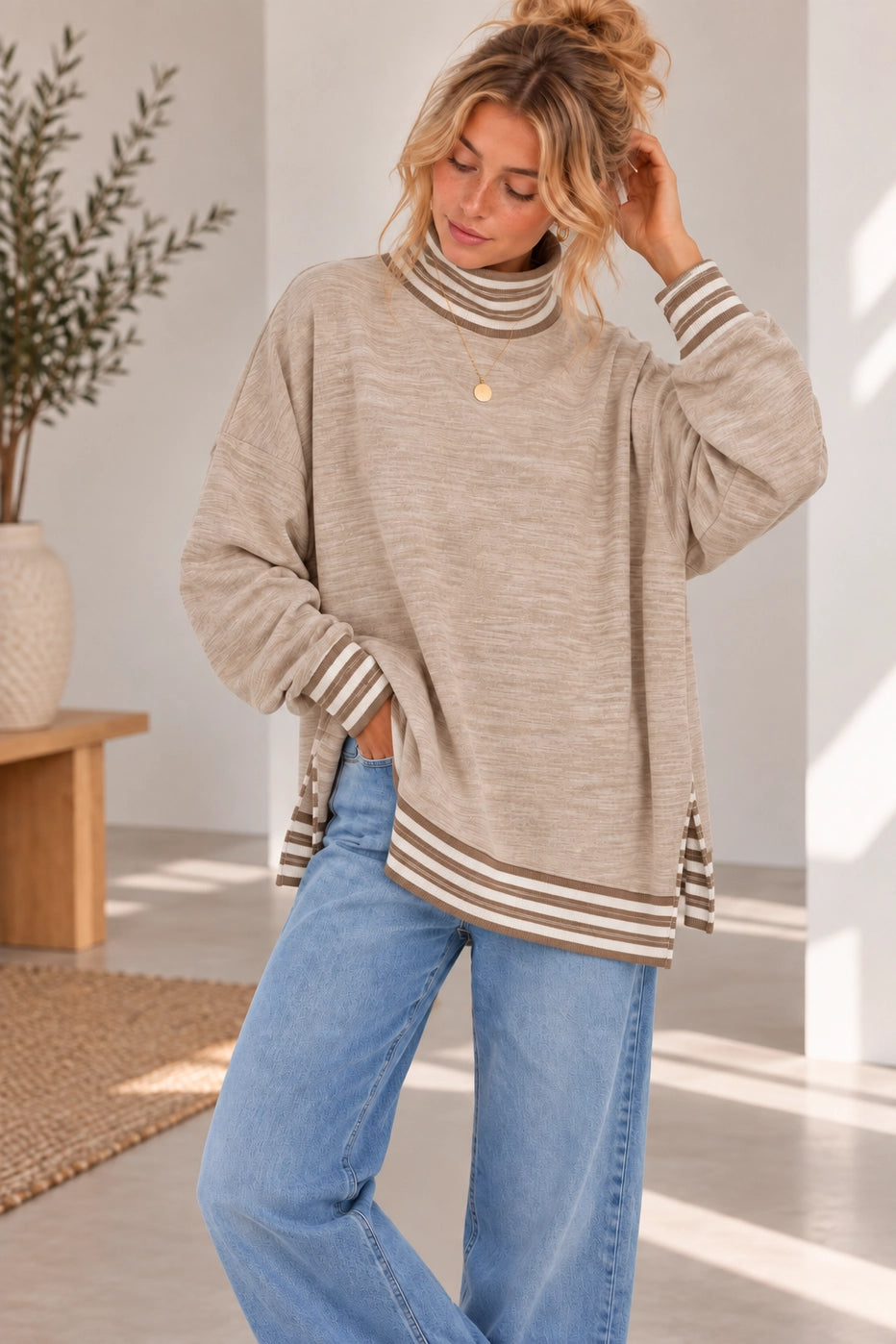Smith Butter Soft Beige Mock Neck Top