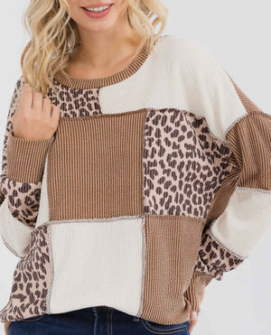 Erin Brown Leopard Color Block Top