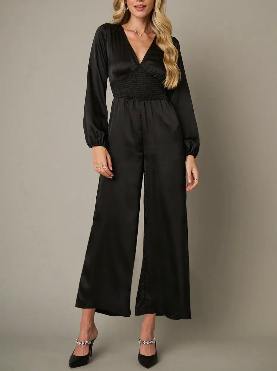 Dasia Satin Smocked Waist Black Jumpsuit