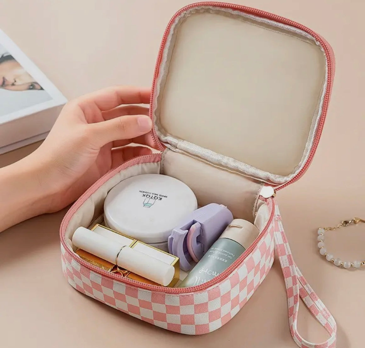 Pink Checkered Travel Cosmetic Case