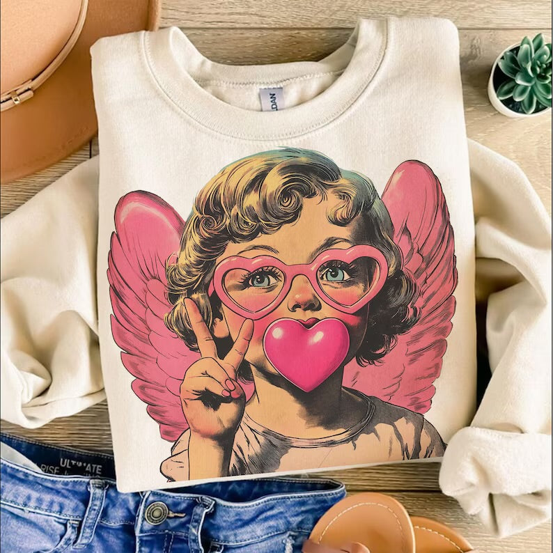 Retro Cupid Bubblegum Cream Crewneck