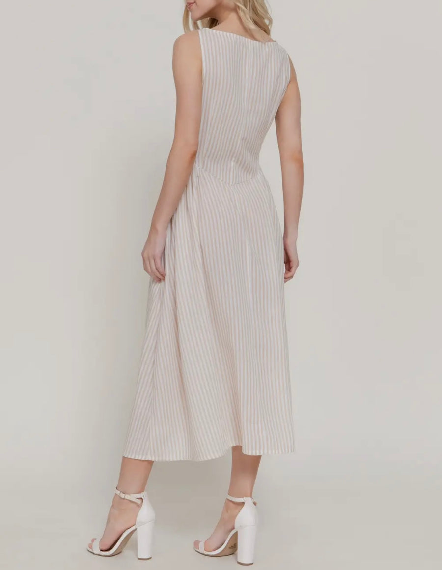 Evelyn Linen Print Beige Dress