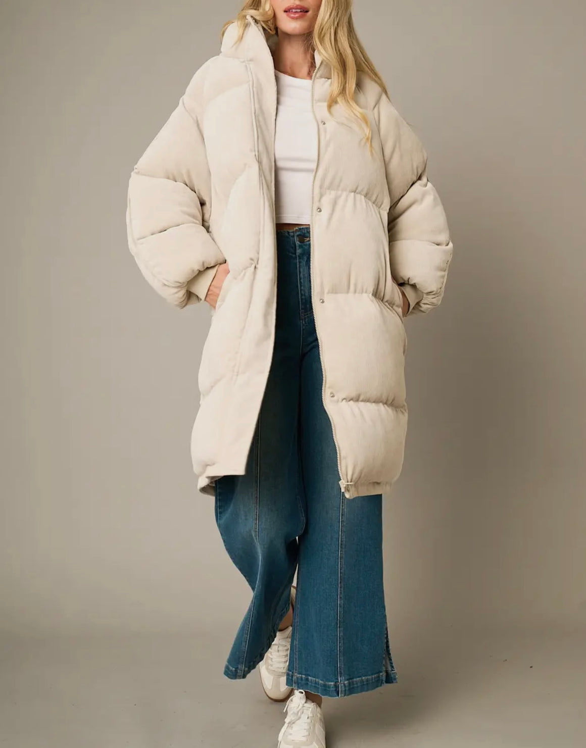 Worth It Warm Corduroy Long Line Sand Puffer Jacket